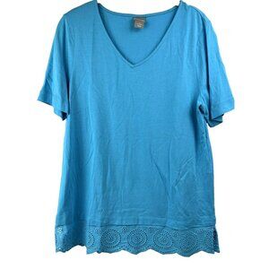 Chicos Women's Size 1 Medium Solid‎ Blue Lace Trim Short Sleeve Cotton Modal Top